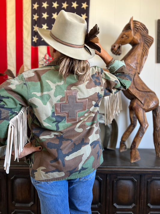 Salvaged Army Camo Fringe Jacket with Swiss Cross & Boys Scout patches