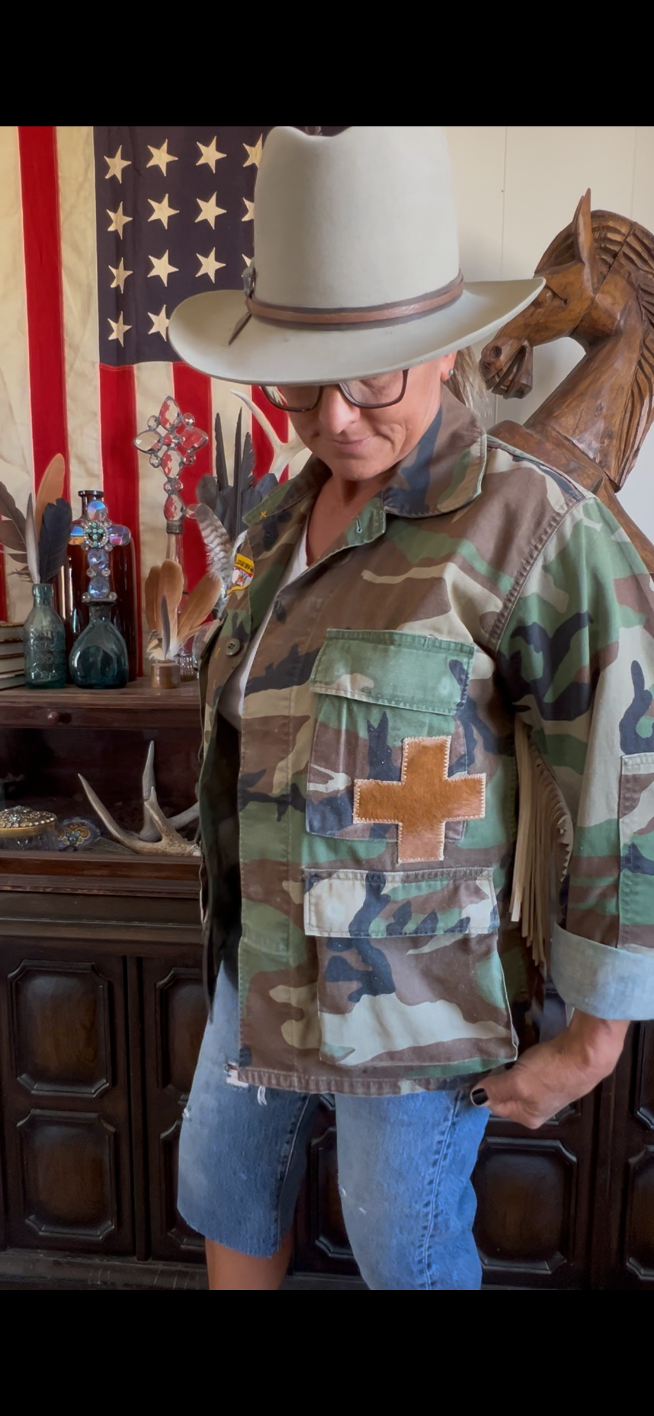 Salvaged Army Camo Fringe Jacket with Swiss Cross & Boys Scout patches