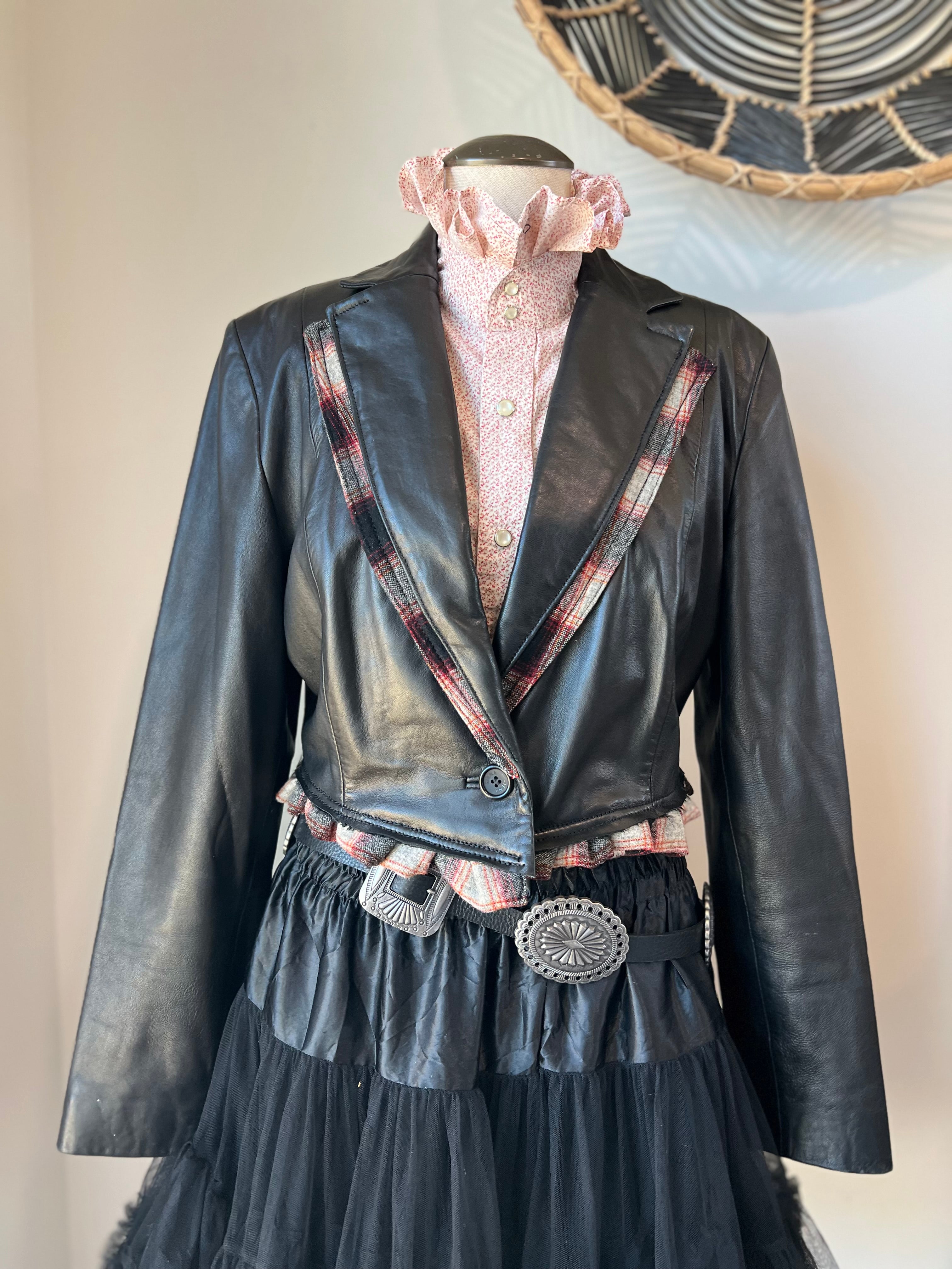 Dirty Mojave Desert Crop Black Leather Pendleton Trim Blazer