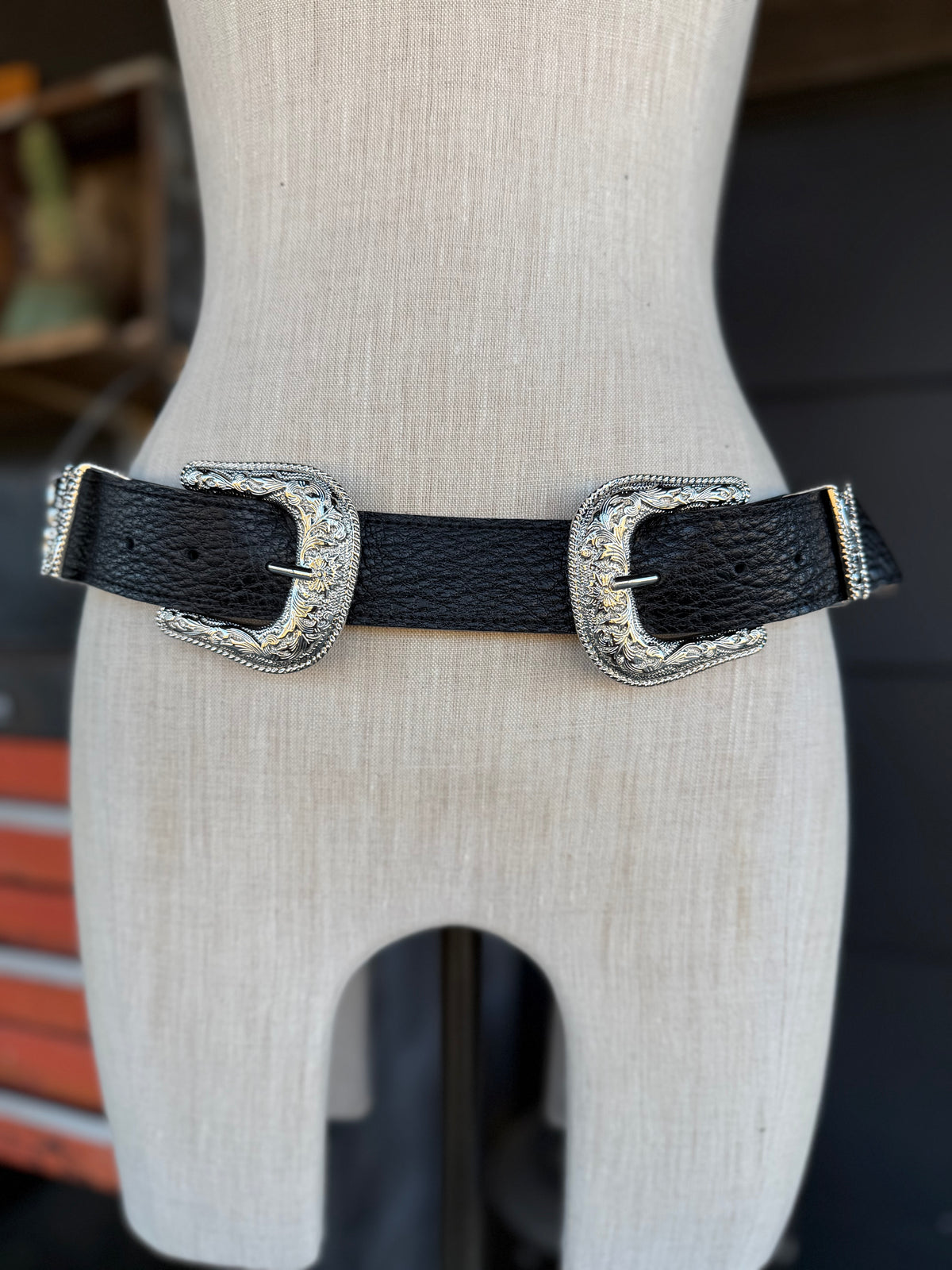 Ranch House Double Buckle Black Leather Belt