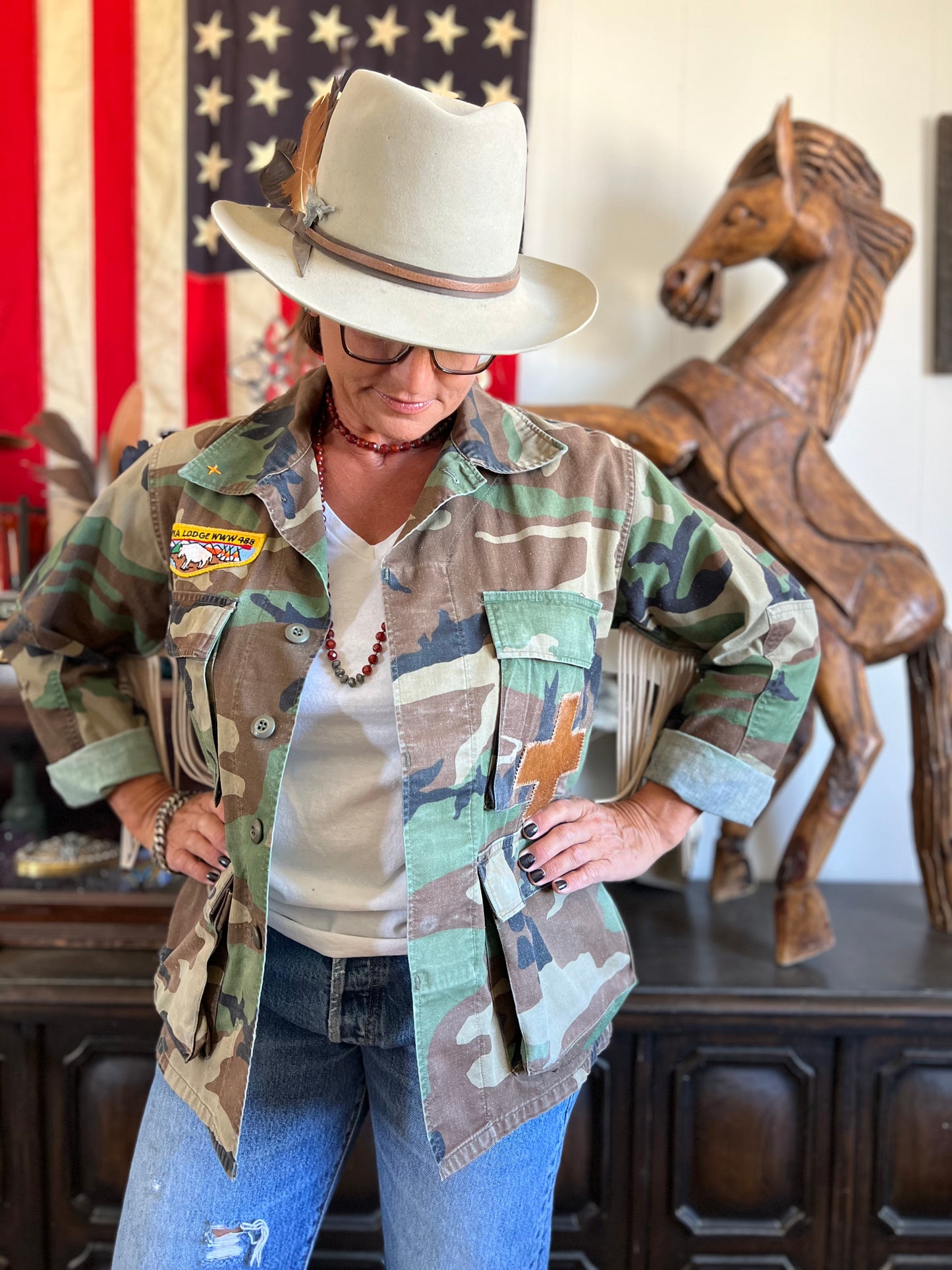 Salvaged Army Camo Fringe Jacket with Swiss Cross & Boys Scout patches