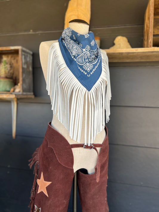 Desert Dusted Washed Blue Paisley Bandana Leather White Fringe Collar