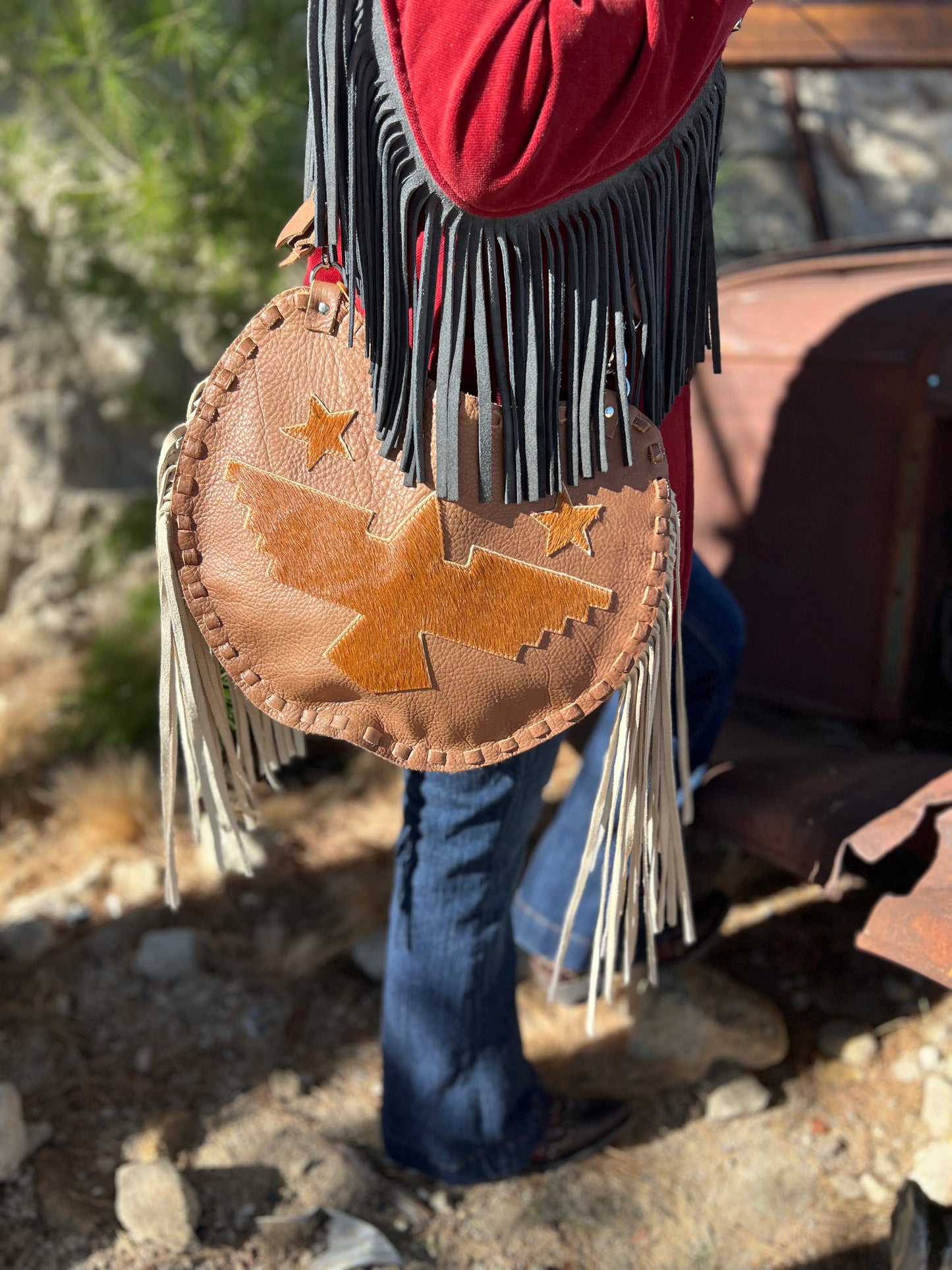 The High Plains Thunderbird Rider Moon Bag Standard - Leather, Fringe & Stars