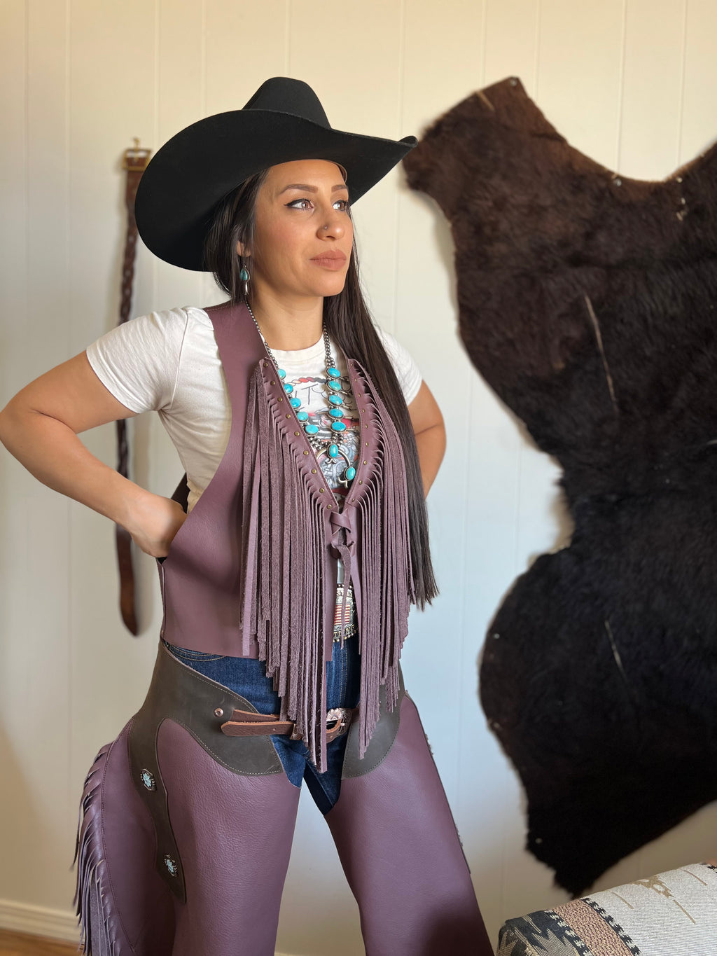 Wild Back Vests - Leather Fringe & Cowhide Statement - Bronco