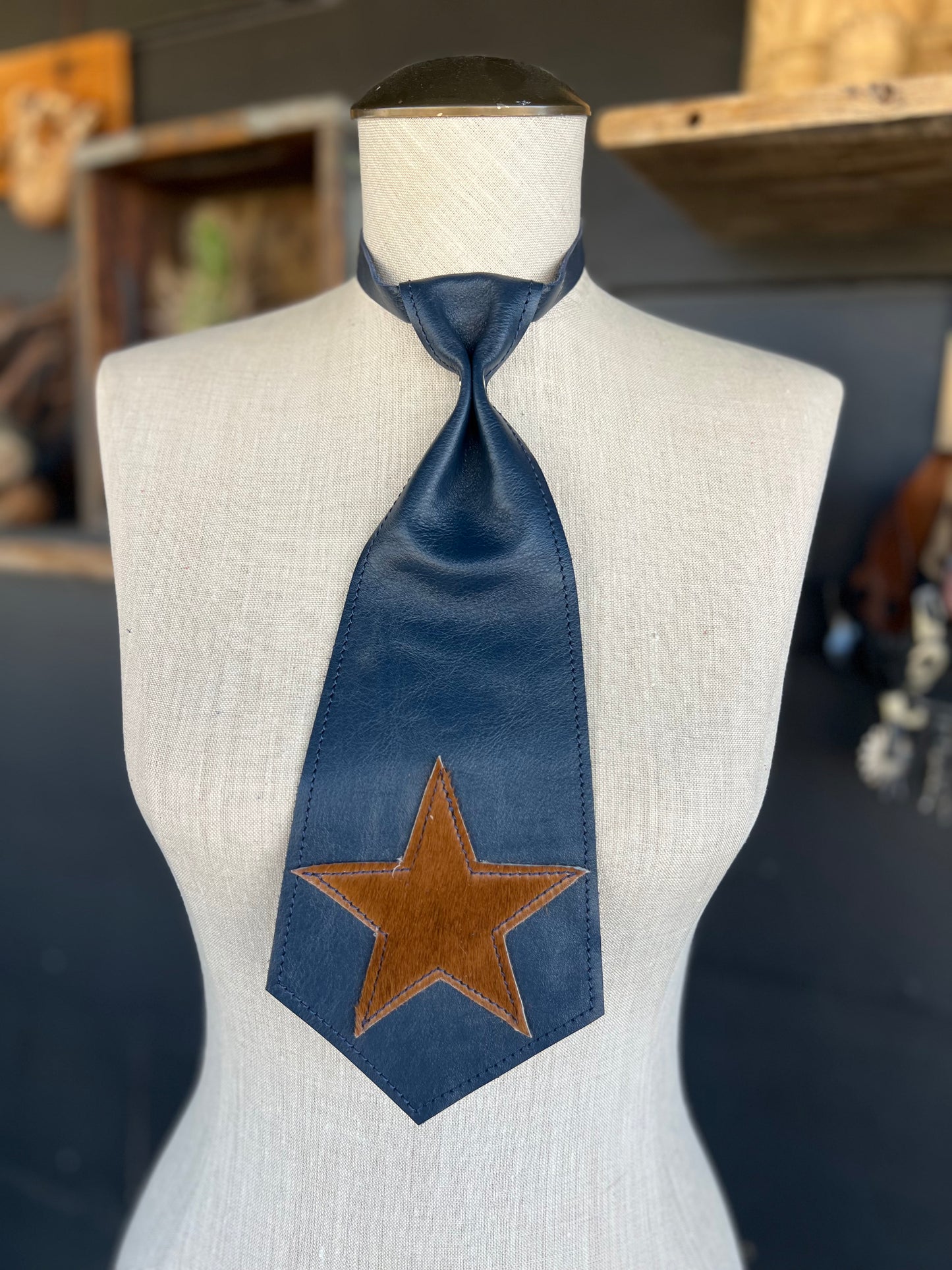 Dirty Mojave Heirloom Navy Wide Star Leather Necktie