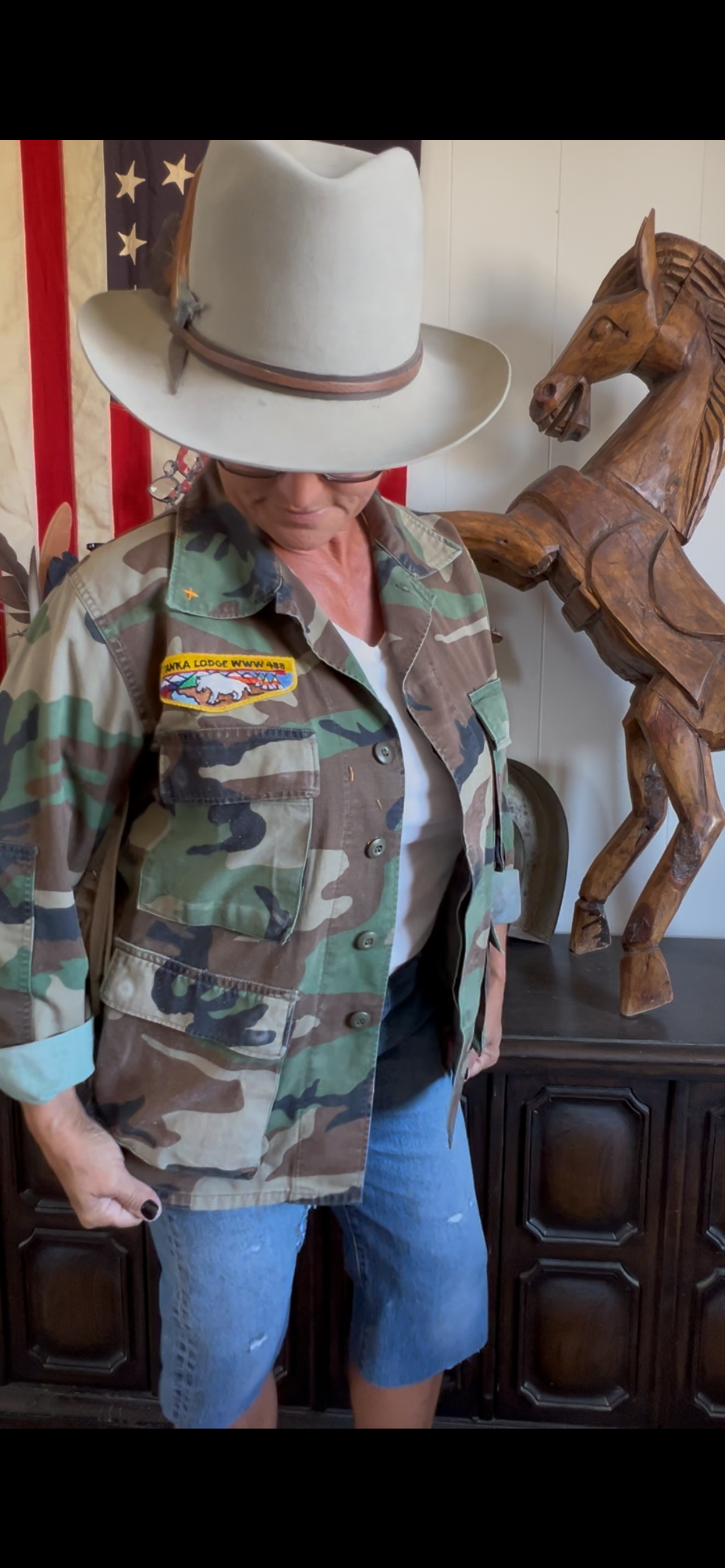 Salvaged Army Camo Fringe Jacket with Swiss Cross & Boys Scout patches