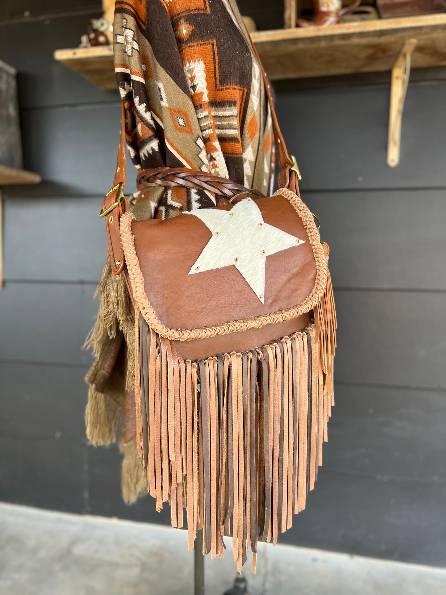 Vintage 90’s Coach Brown with Cream Star Western Fringe Crossbody Bag