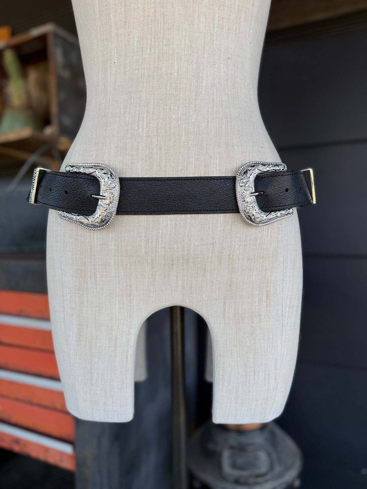 Ranch House Double Buckle Black Leather Belt