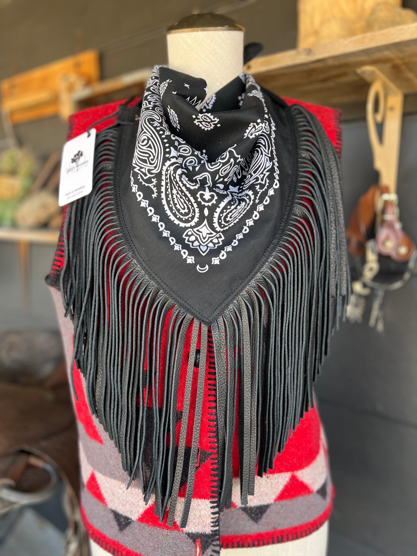 Desert Dusted Black Paisley Bandana Leather Black Fringe Collar