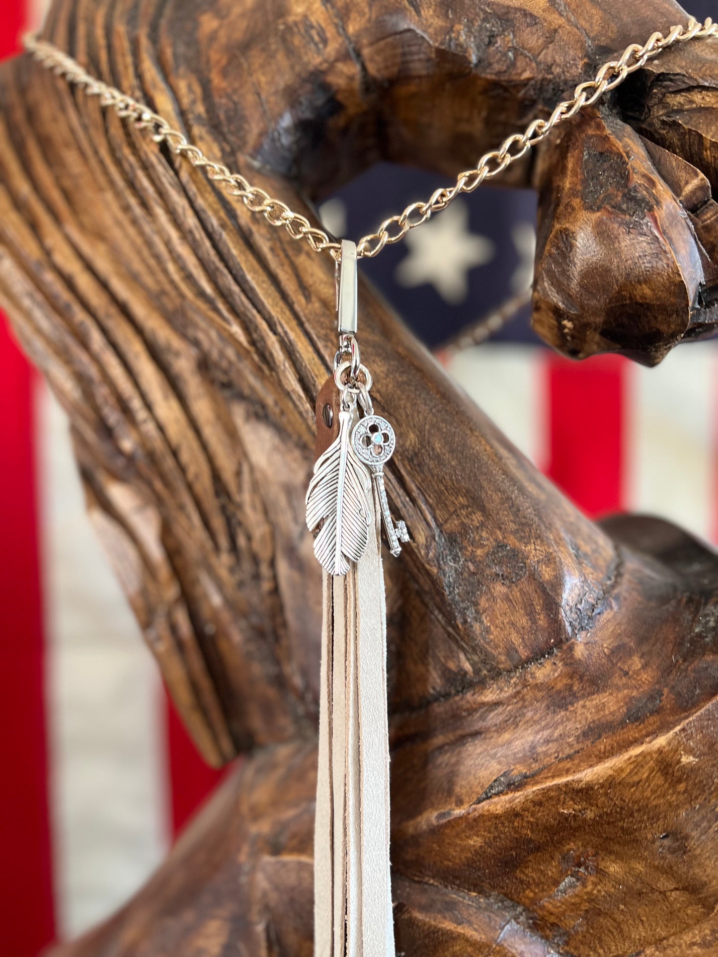 Leather Sterling CZ Key & Feather Charm Tassel