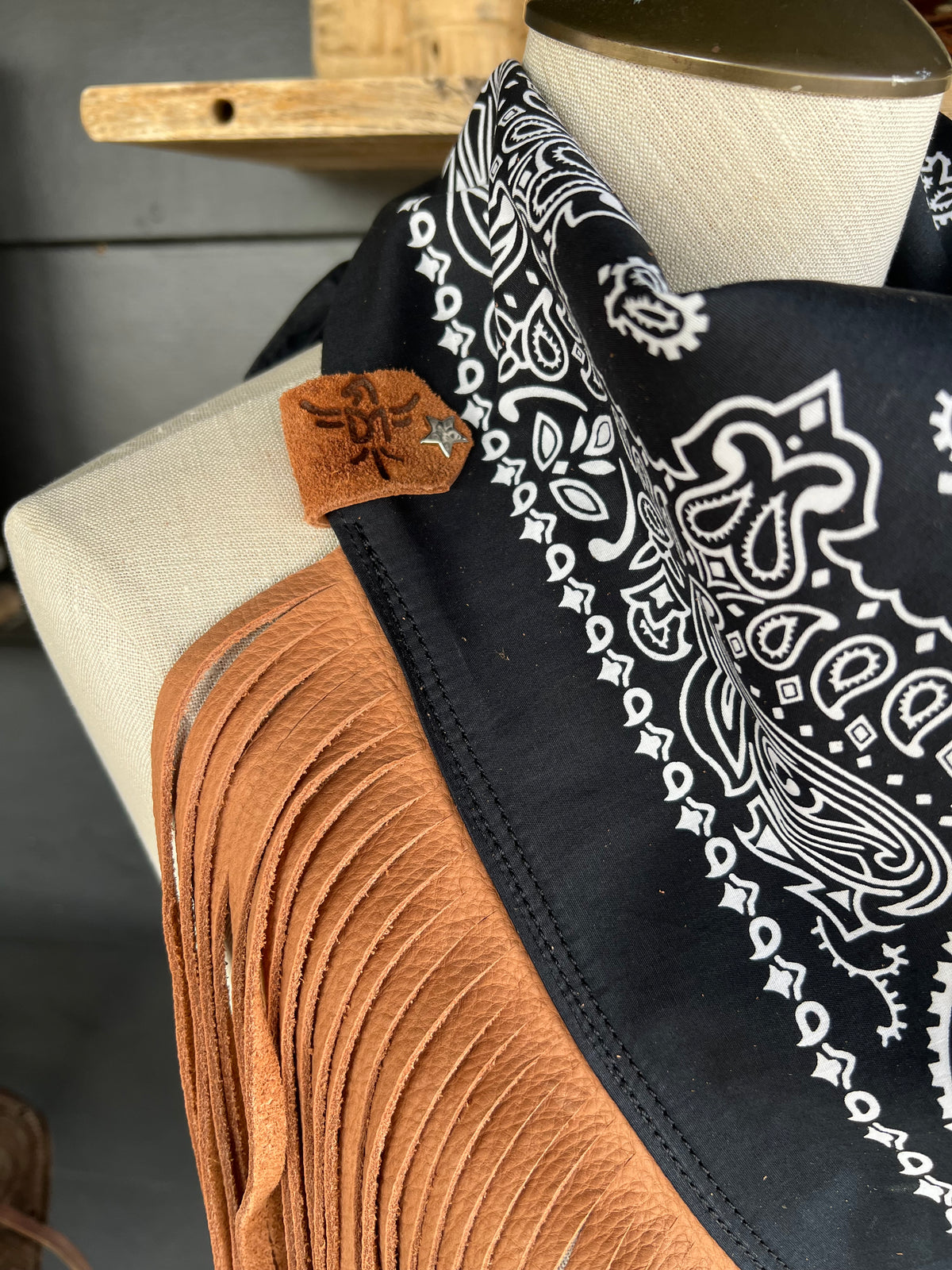Mojave Drifter Black Paisley Bandana Leather Brown Fringe Collar