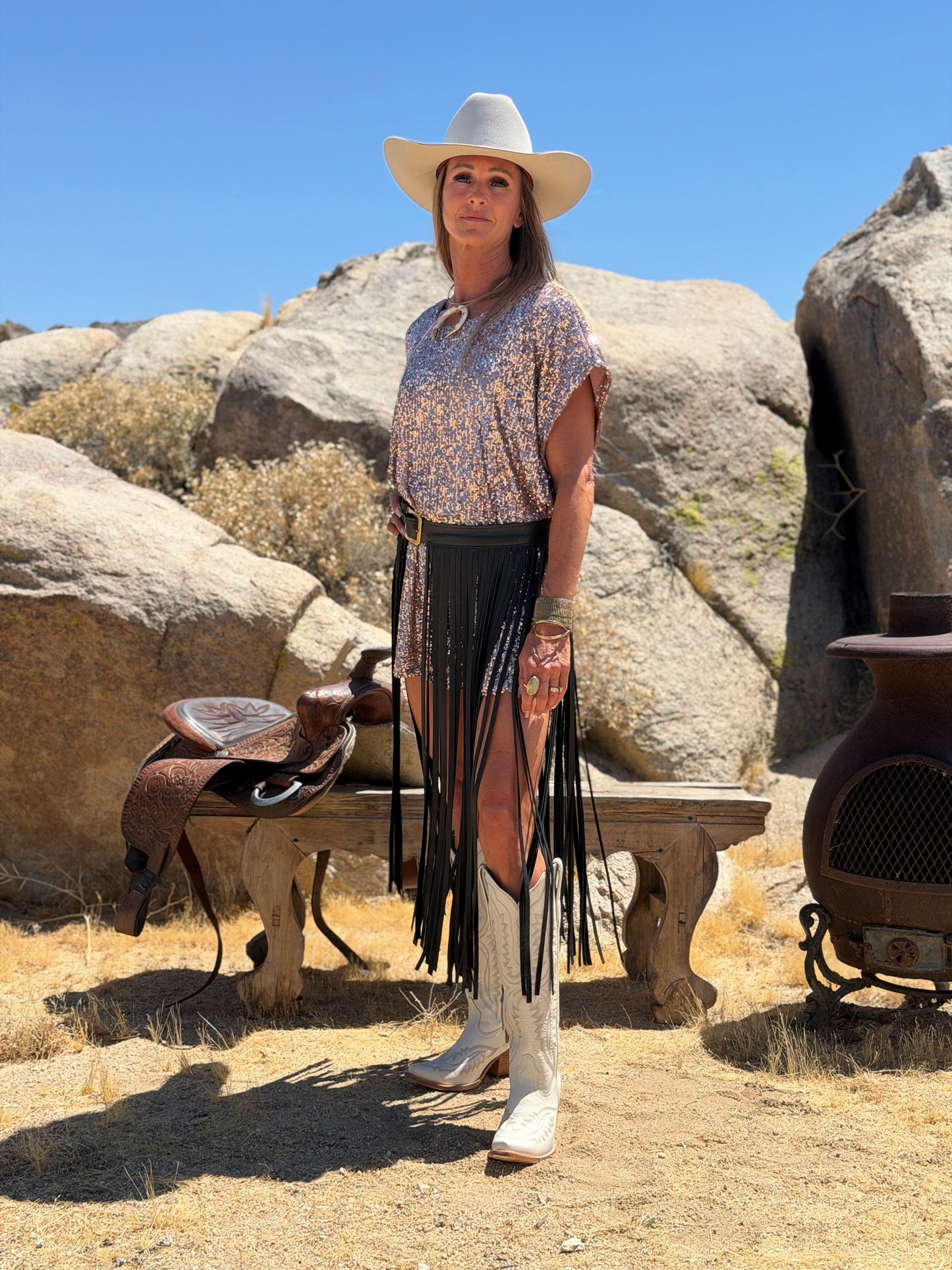 The Badlands Long Black Fringe Leather Skirt