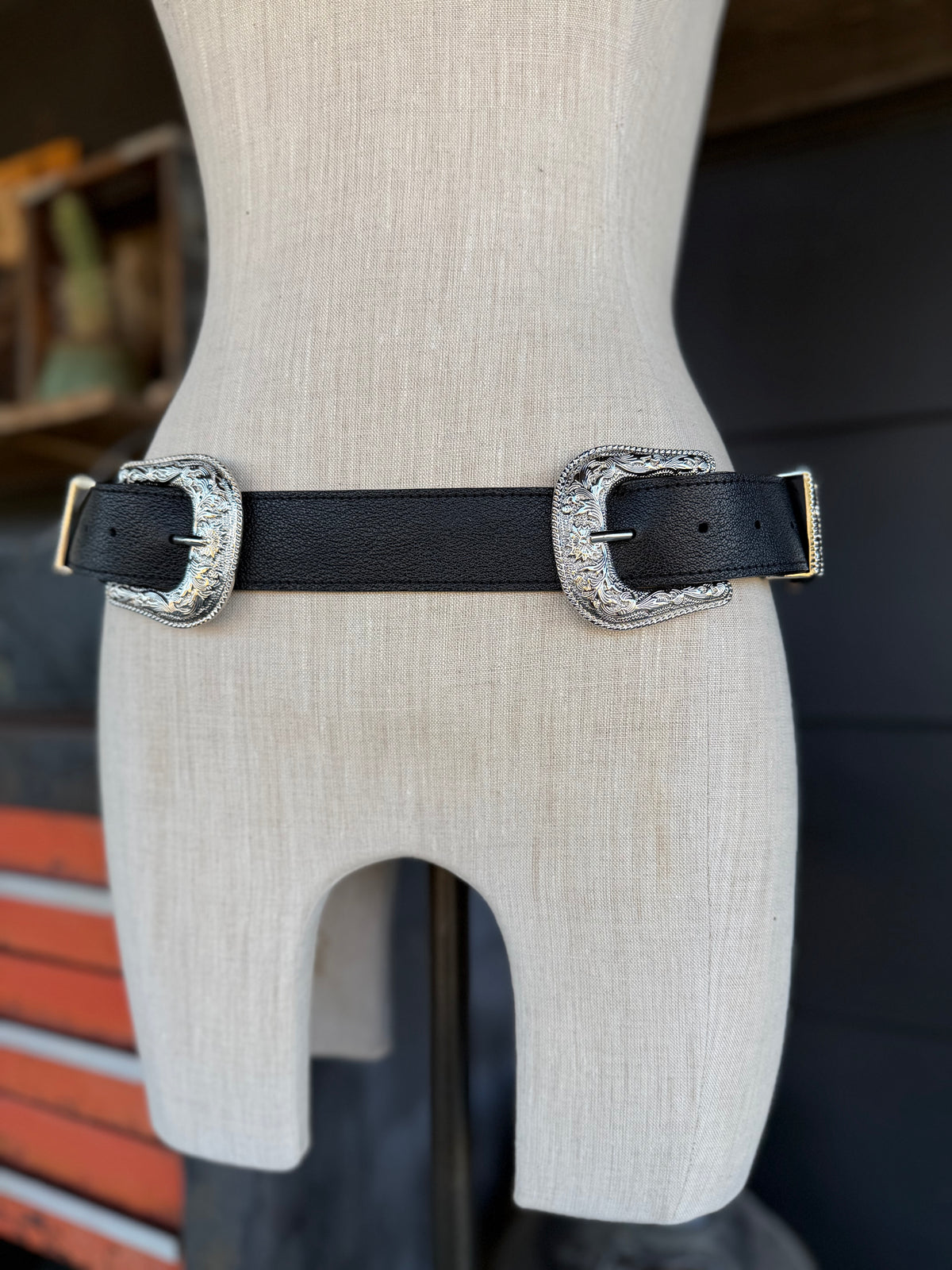Ranch House Double Buckle Black Leather Belt