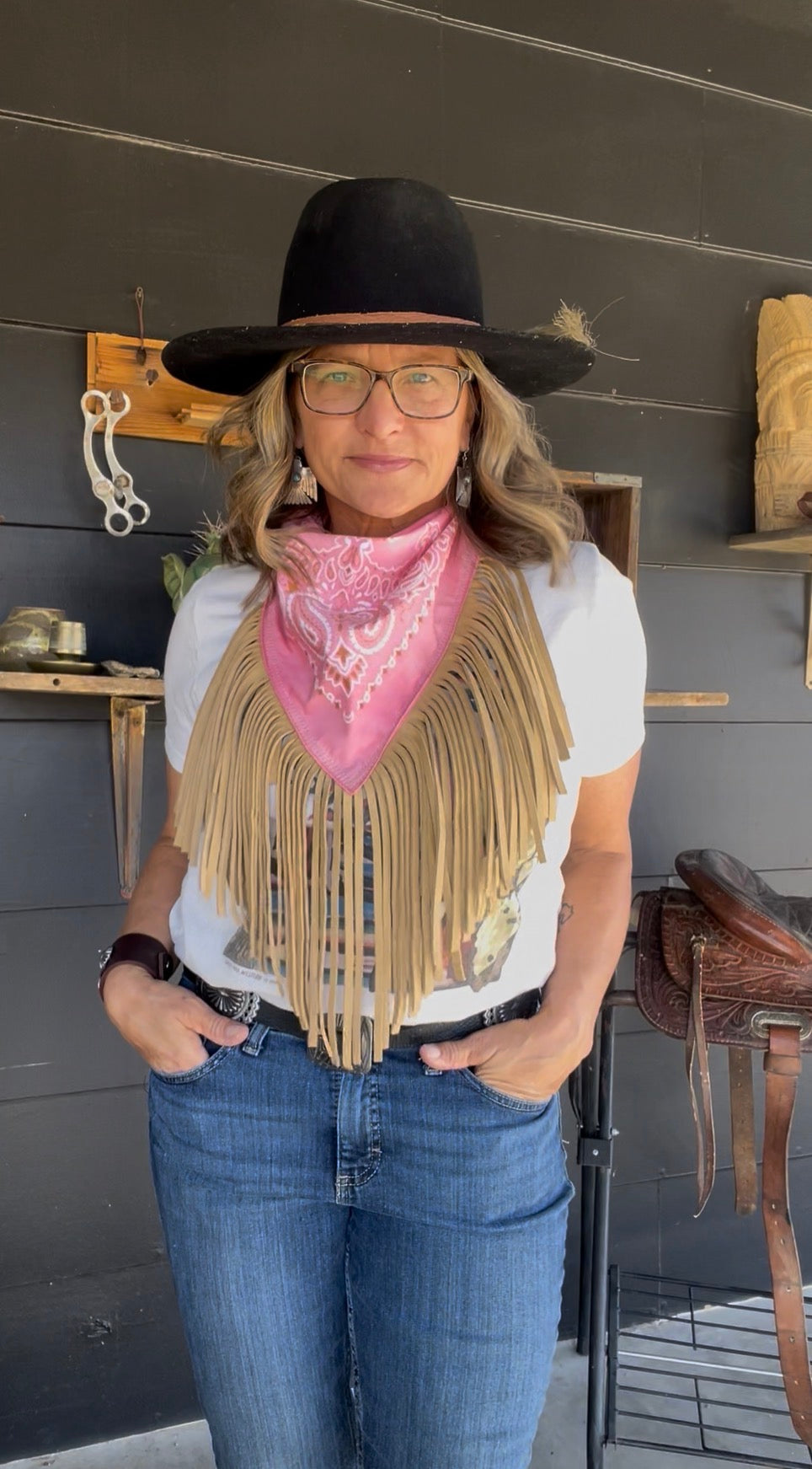 Desert Dusted Pink Bandana Tan Leather Fringe Collar
