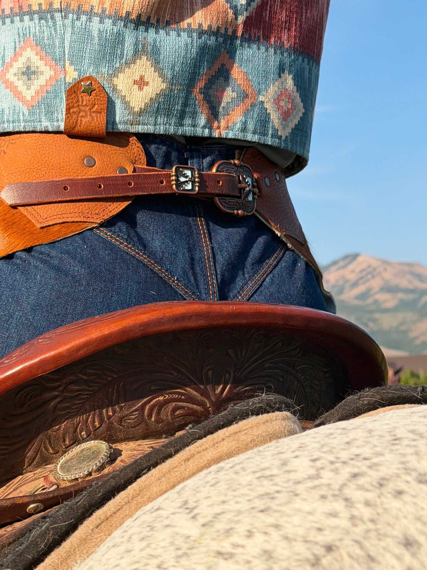 The Prairie Chaps — Spotted Cowhide Fringed Leather Chaps