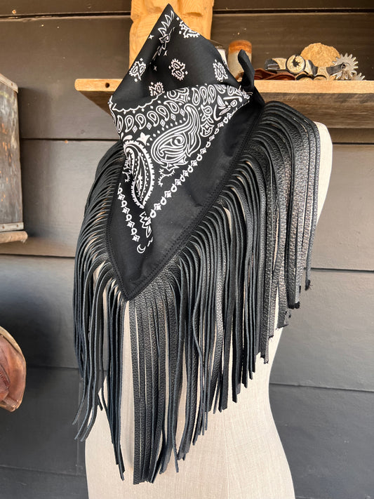 Desert Dusted Black Paisley Bandana Leather Black Fringe Collar