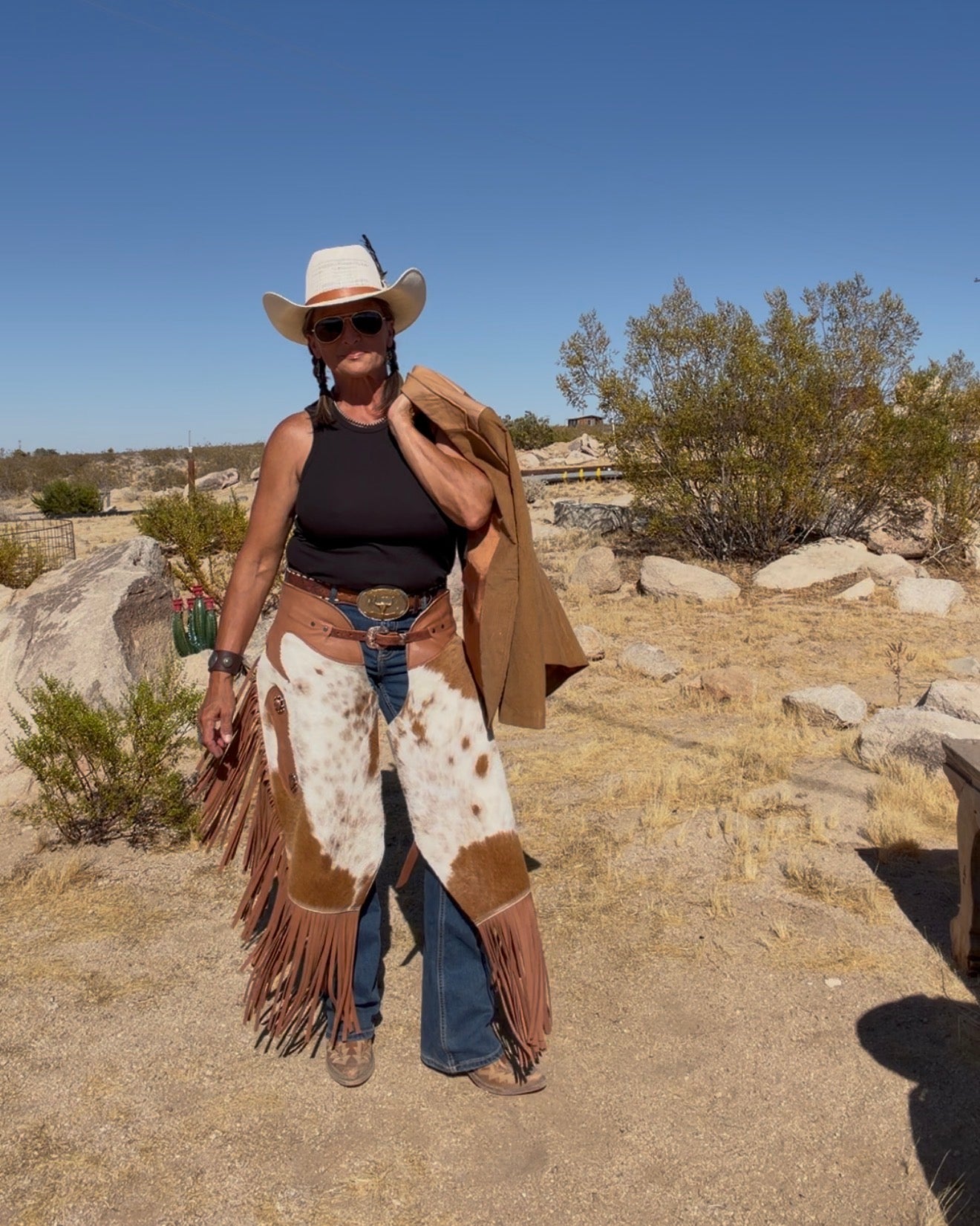 “The Prairie Cowhide Chinks” Leather Fringed Western Chinks