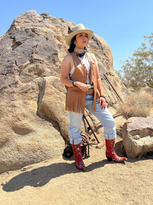 Dust Bowl Darling – Tan Leather Vest with Cowhide Snake & Stars