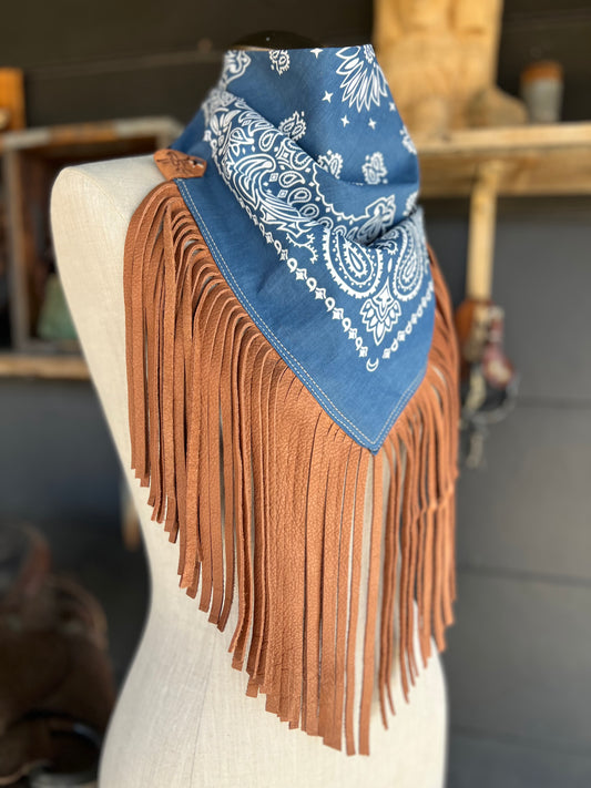 Desert Dusted Washed Blue Paisley Bandana Leather Fringe Collar