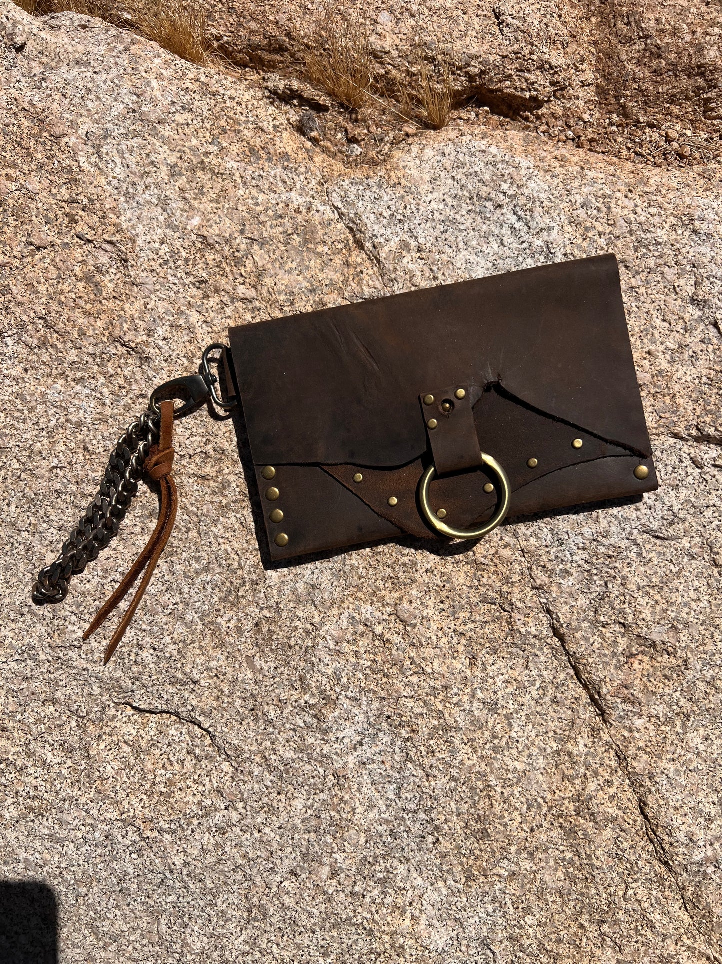Dirty Mojave Leather Envelope Wristlet with Chain