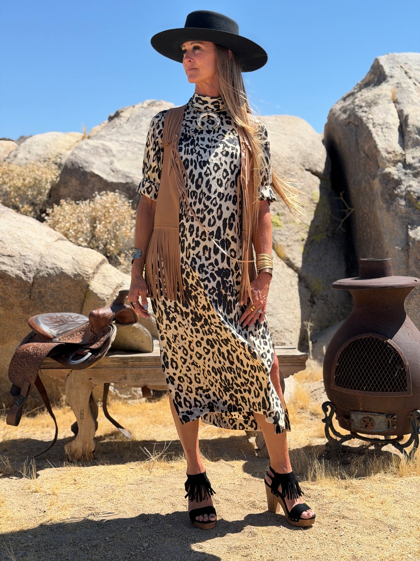 Dust Bowl Darling – Tan Leather Vest with Cowhide Snake & Stars