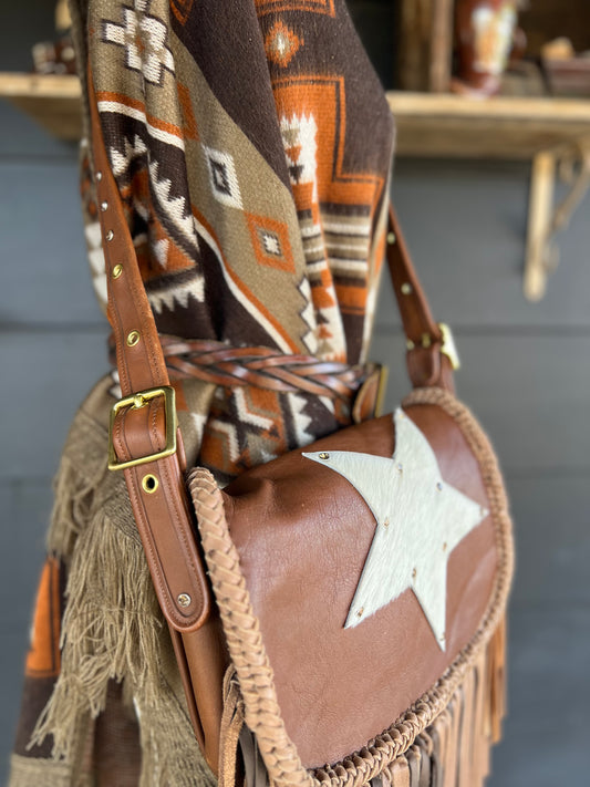 Vintage 90’s Coach Brown with Cream Star Western Fringe Crossbody Bag