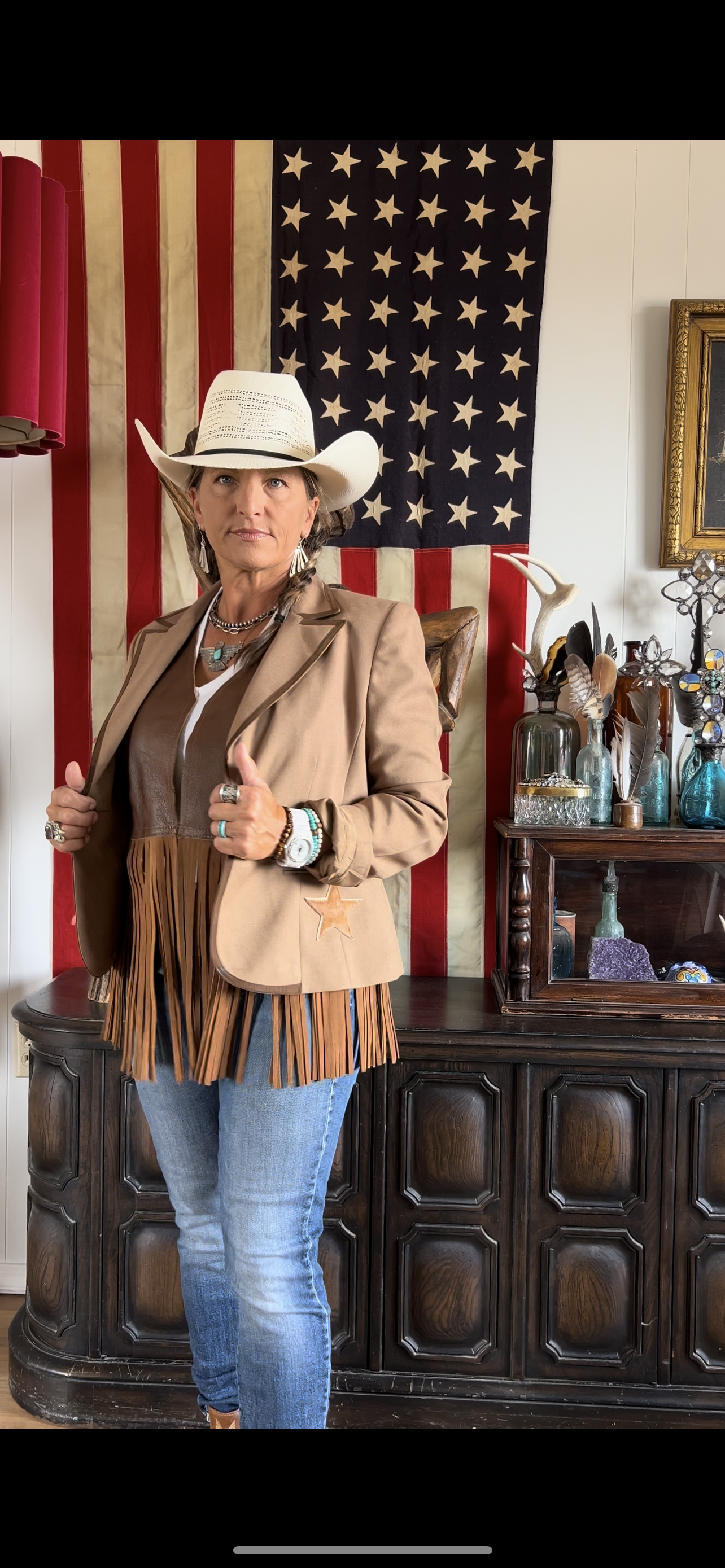 Tan Western I.E. Brand “DESERT BLAZER” with Ornate Leather Patchwork