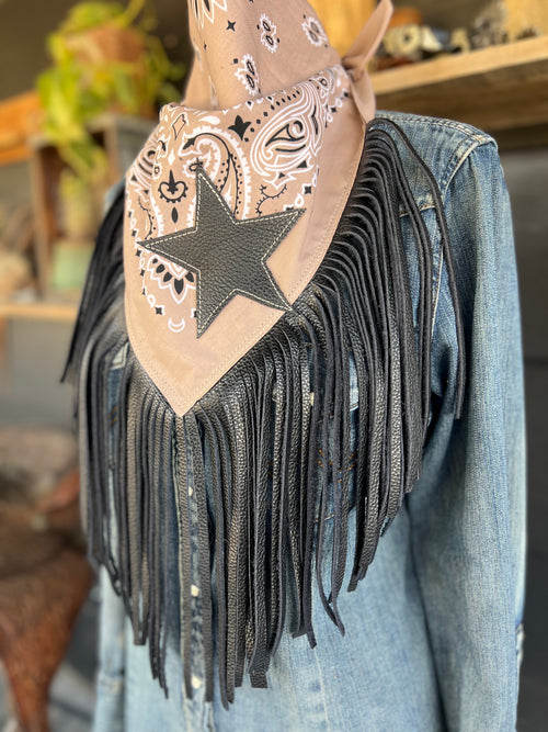 Desert Dusted Paisley Bandana Leather Black Fringe Star Collar