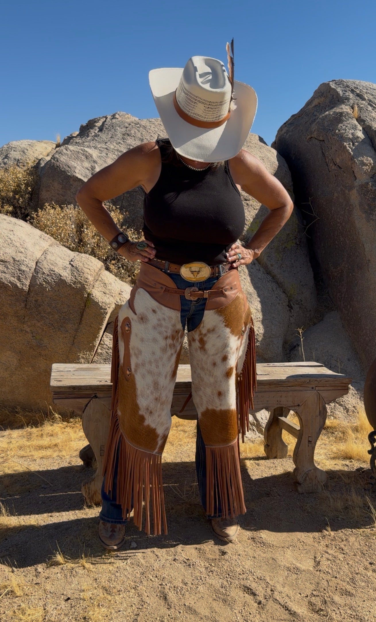 “The Prairie Cowhide Chinks” Leather Fringed Western Chinks