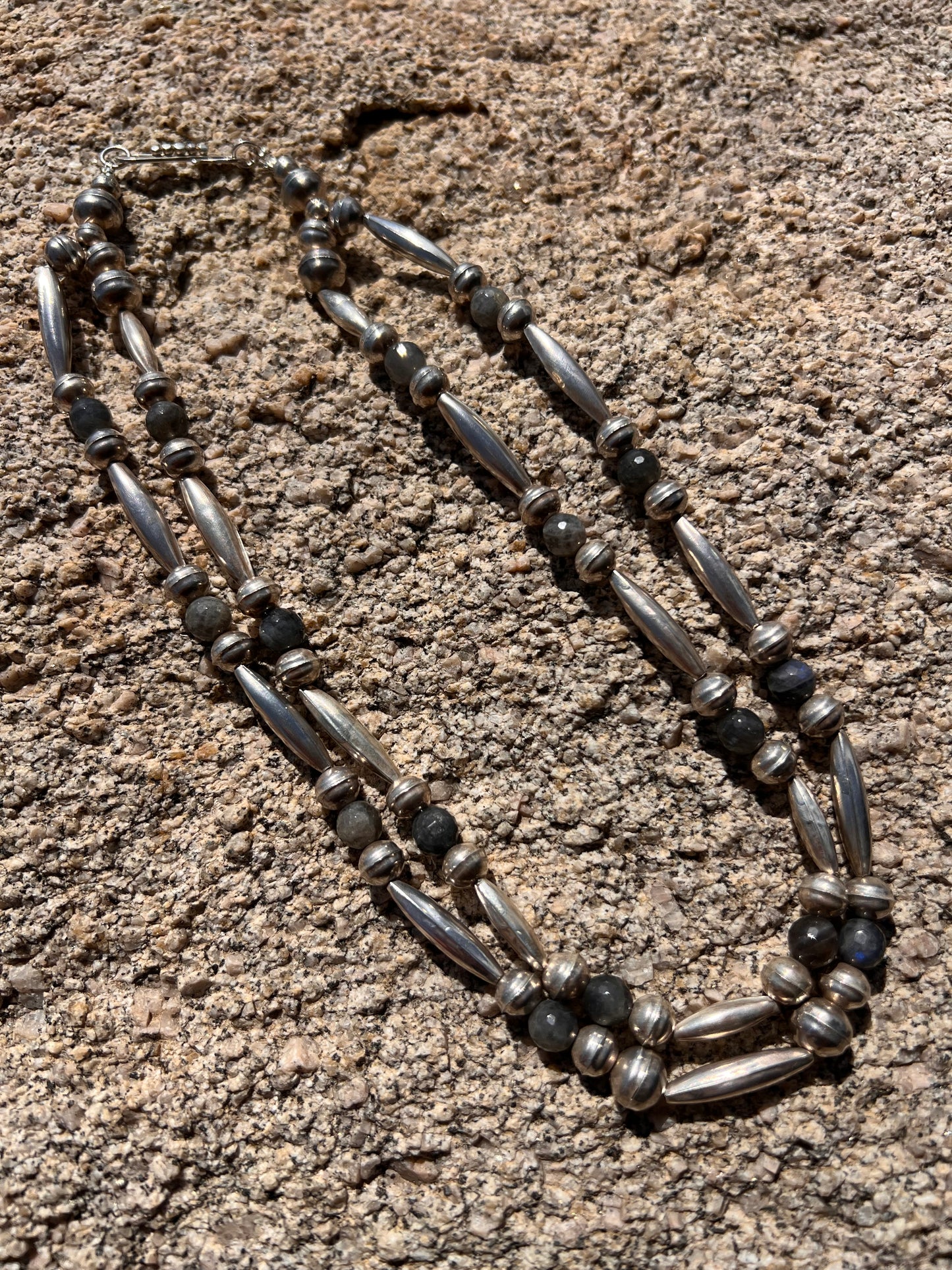 Navajo Vintage Double Strand  Sterling Silver & Labradorite Necklace