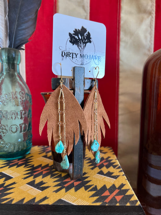 Leather Western Gold Dangle Turquoise Earrings