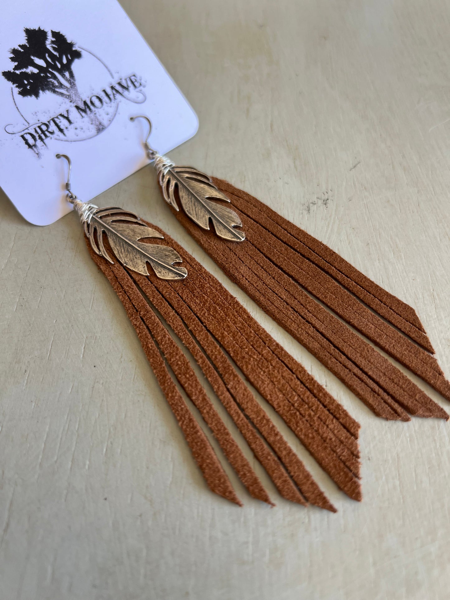 Custom Silver Feather with Leather Fringe Western Vibe Earrings