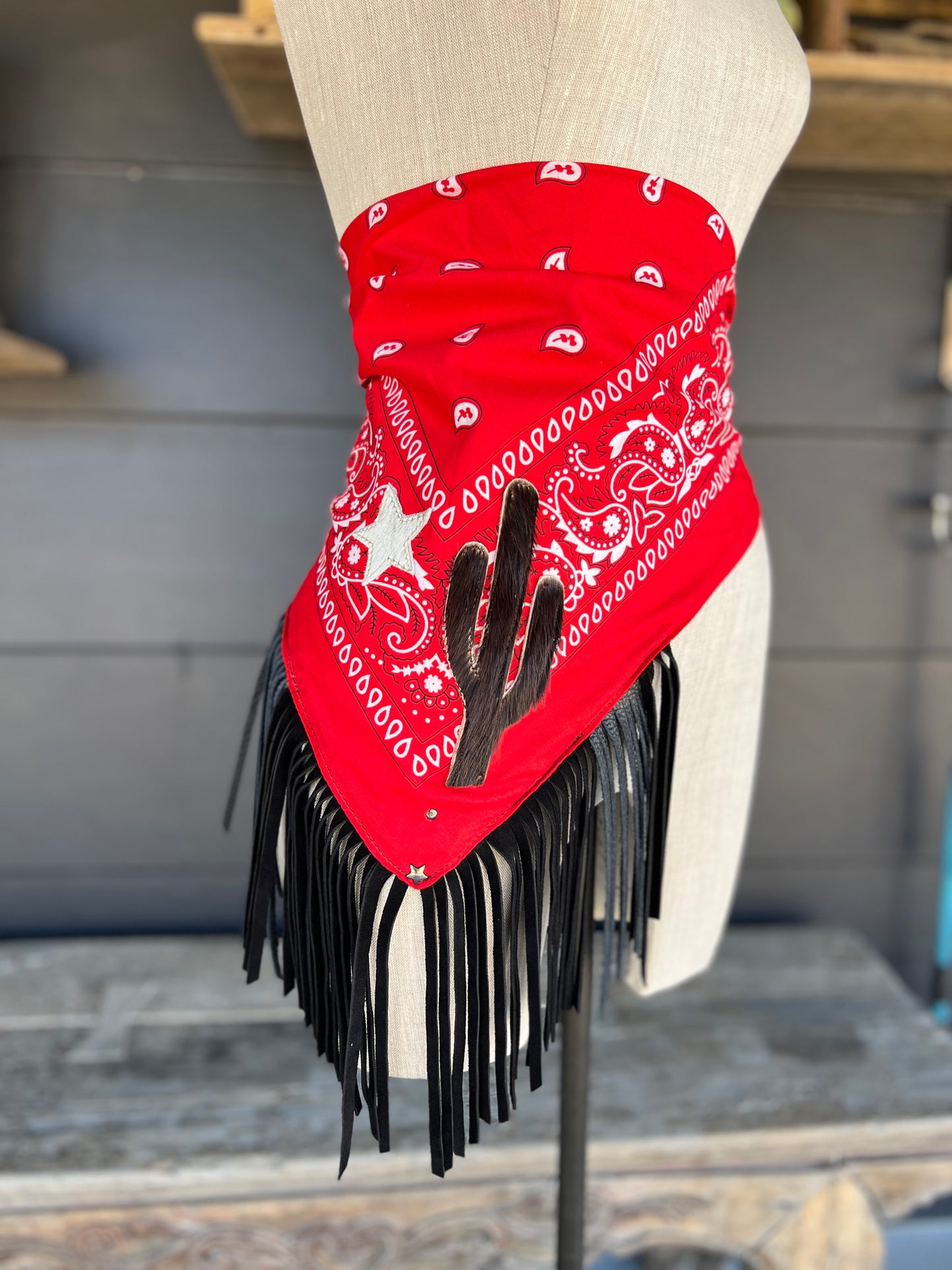 Desert Dusted Bandana Leather Fringe Collar Cactus and Star