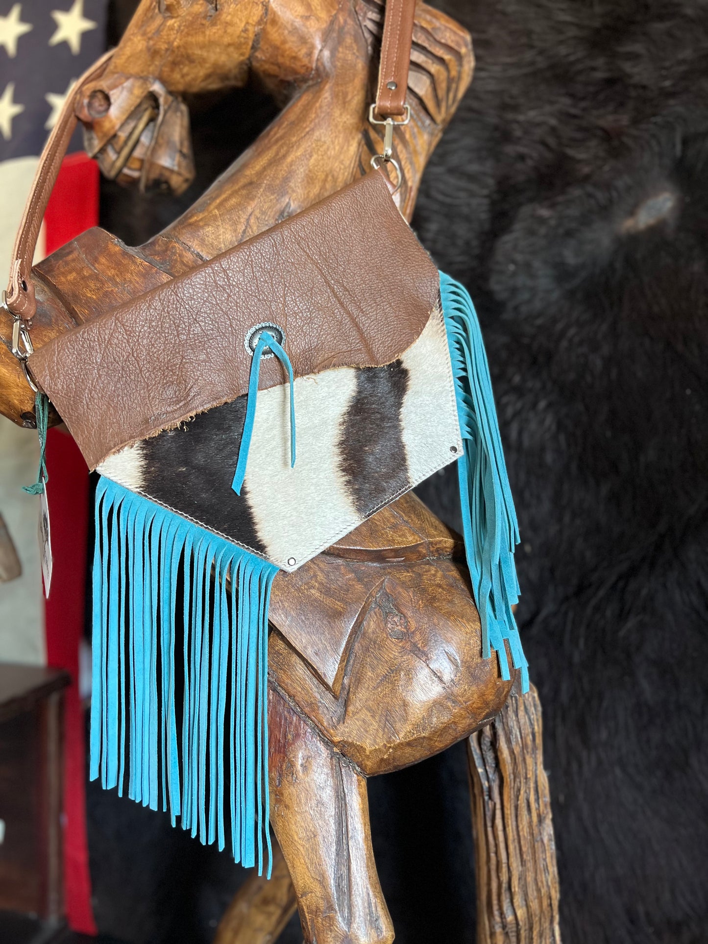 ARROW Zebra Hide Fanny Style with Turquoise Fringe Leather HandBag