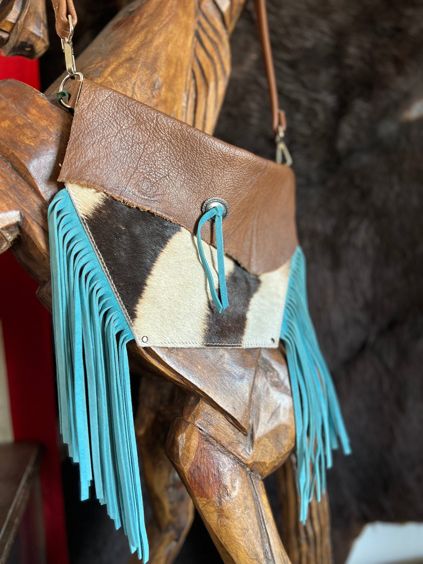 ARROW Zebra Hide Fanny Style with Turquoise Fringe Leather HandBag