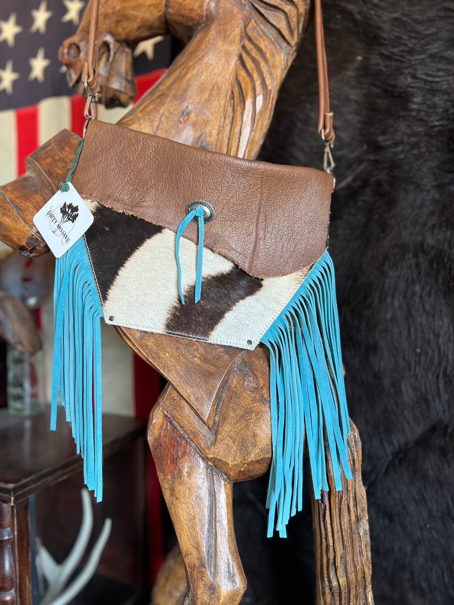 ARROW Zebra Hide Fanny Style with Turquoise Fringe Leather HandBag