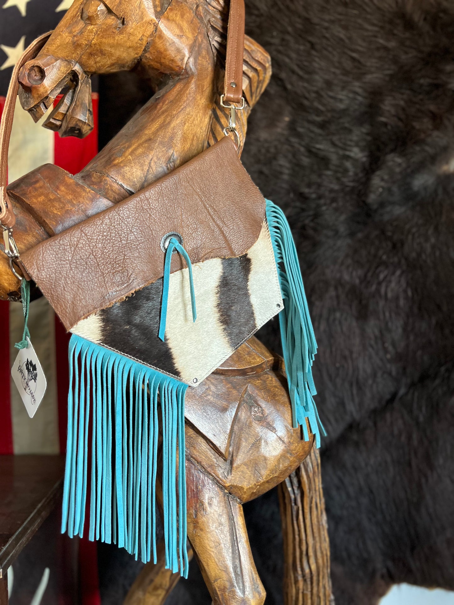 ARROW Zebra Hide Fanny Style with Turquoise Fringe Leather HandBag