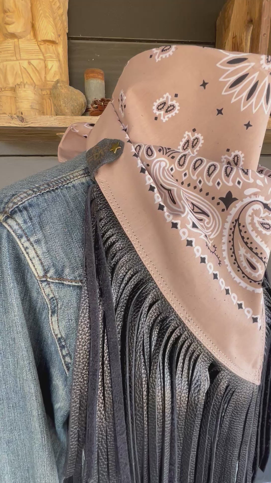 Desert Dusted Paisley Bandana Leather Black Fringe Star Collar