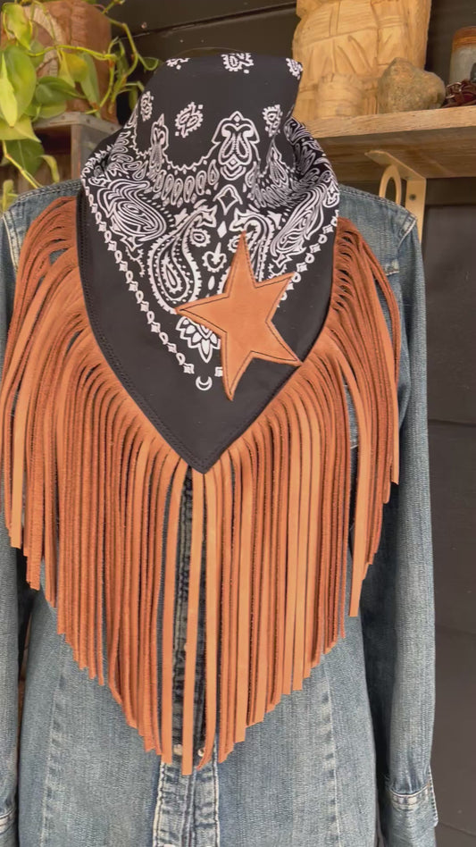 Desert Dusted Paisley Bandana Leather Brown Fringe Star Collar