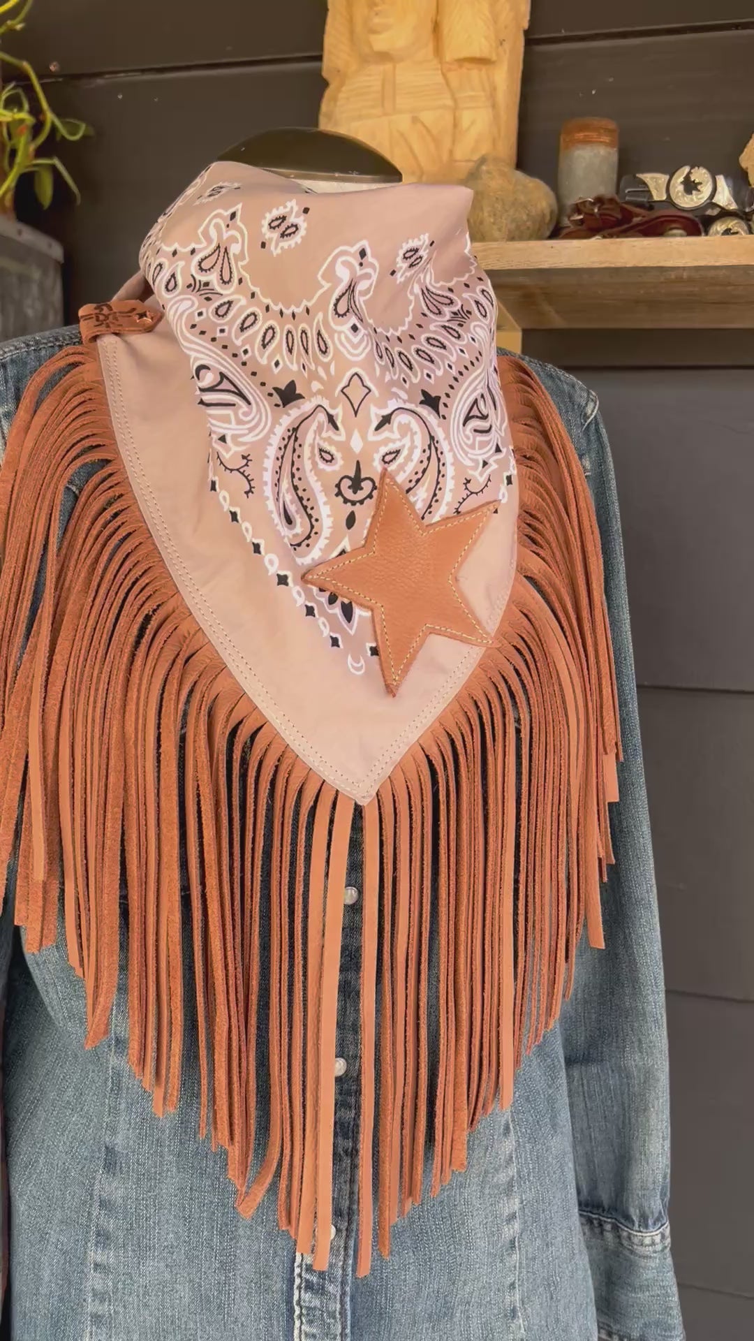 Desert Dusted Paisley Bandana Leather Black Fringe Star Collar