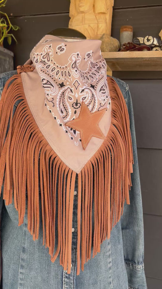 Desert Dusted Paisley Bandana Leather Black Fringe Star Collar